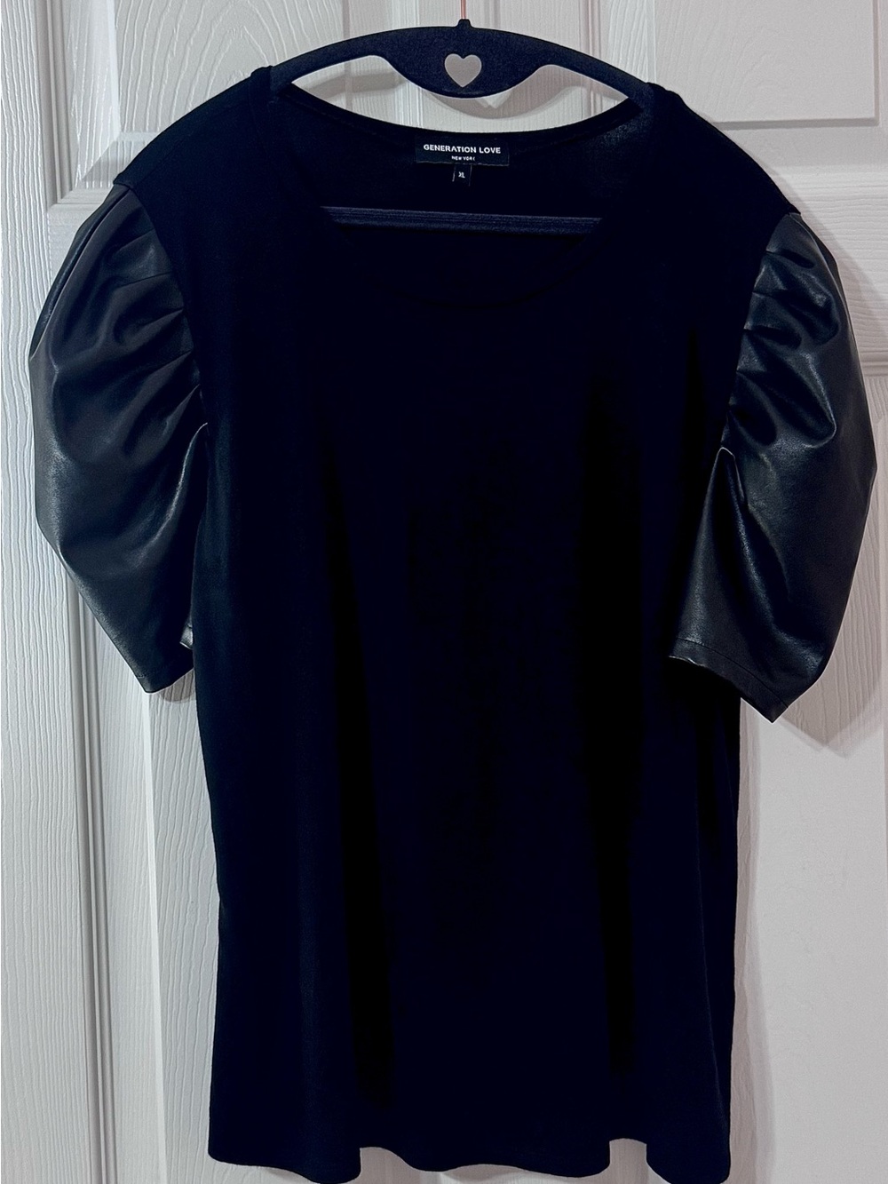 Generation Love Black Vegan Leather Puff Sleeve Tee XL Chic Statement Top